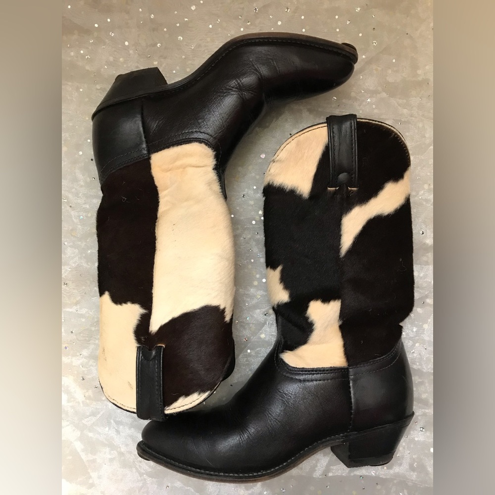 Black and white cow print cowboy boots